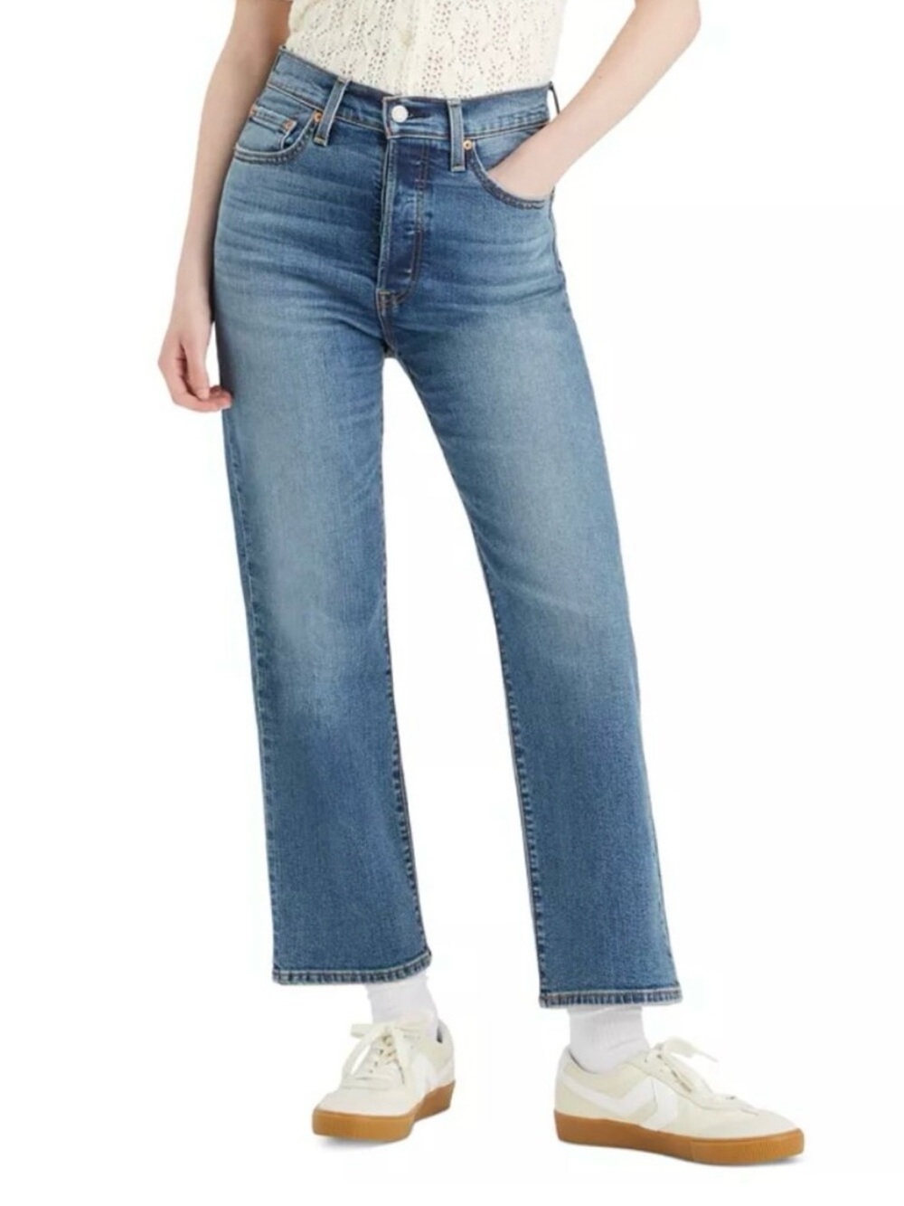 Levi's Women's Ribcage Straight Ankle Button Fly Jeans in Medium Blue Size 27